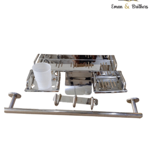 7-piece stainless steel bathroom accessory set by Eman & Brothers with cup holder, towel rod, hooks, and more