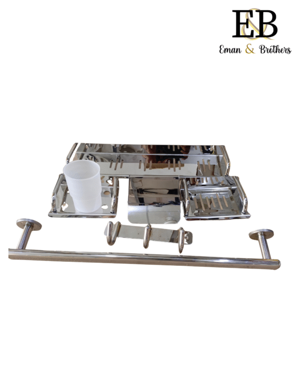 7-piece stainless steel bathroom accessory set by Eman & Brothers with cup holder, towel rod, hooks, and more